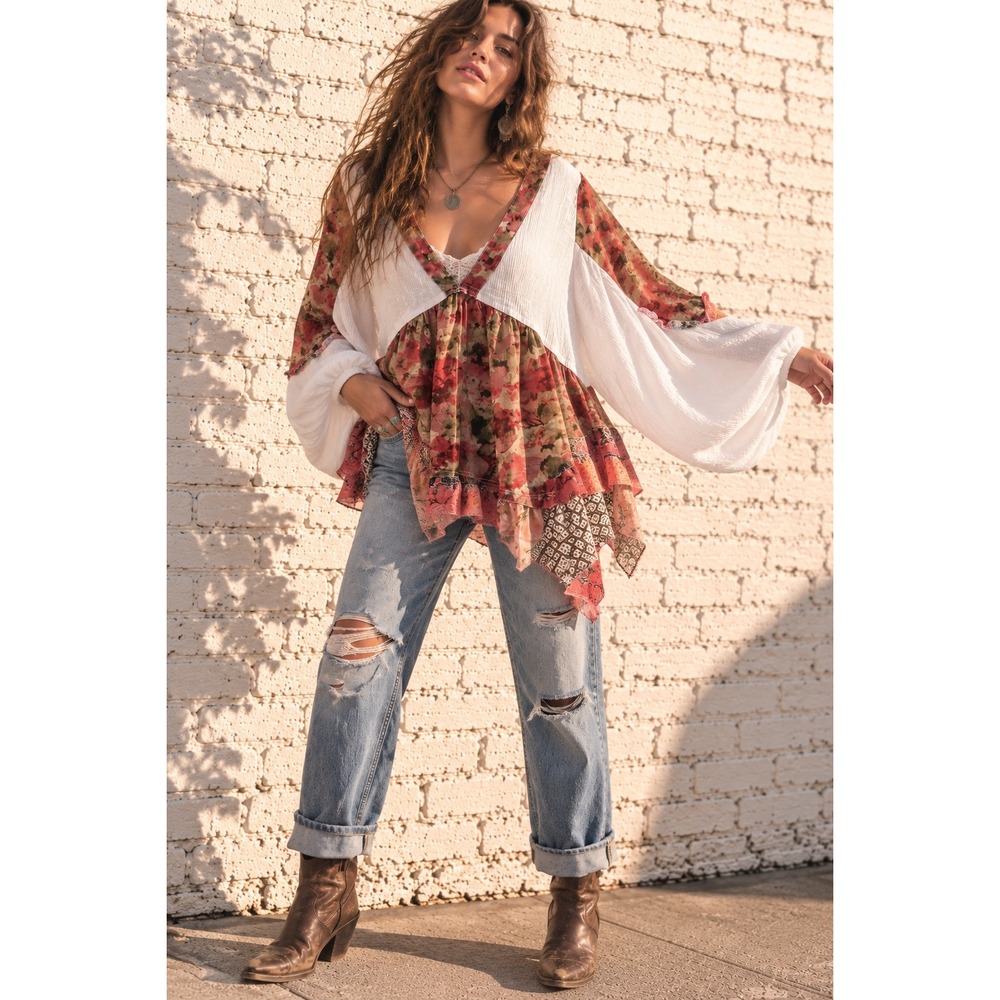POL White Floral Babydoll Boho Tie Back Top Oversized Shabby Chic Size M New